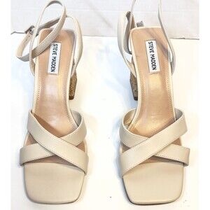 Steve Madden Renley Raffia Block Heel Ankle Strap Sandals Bone Size 11 Prom 3.5"